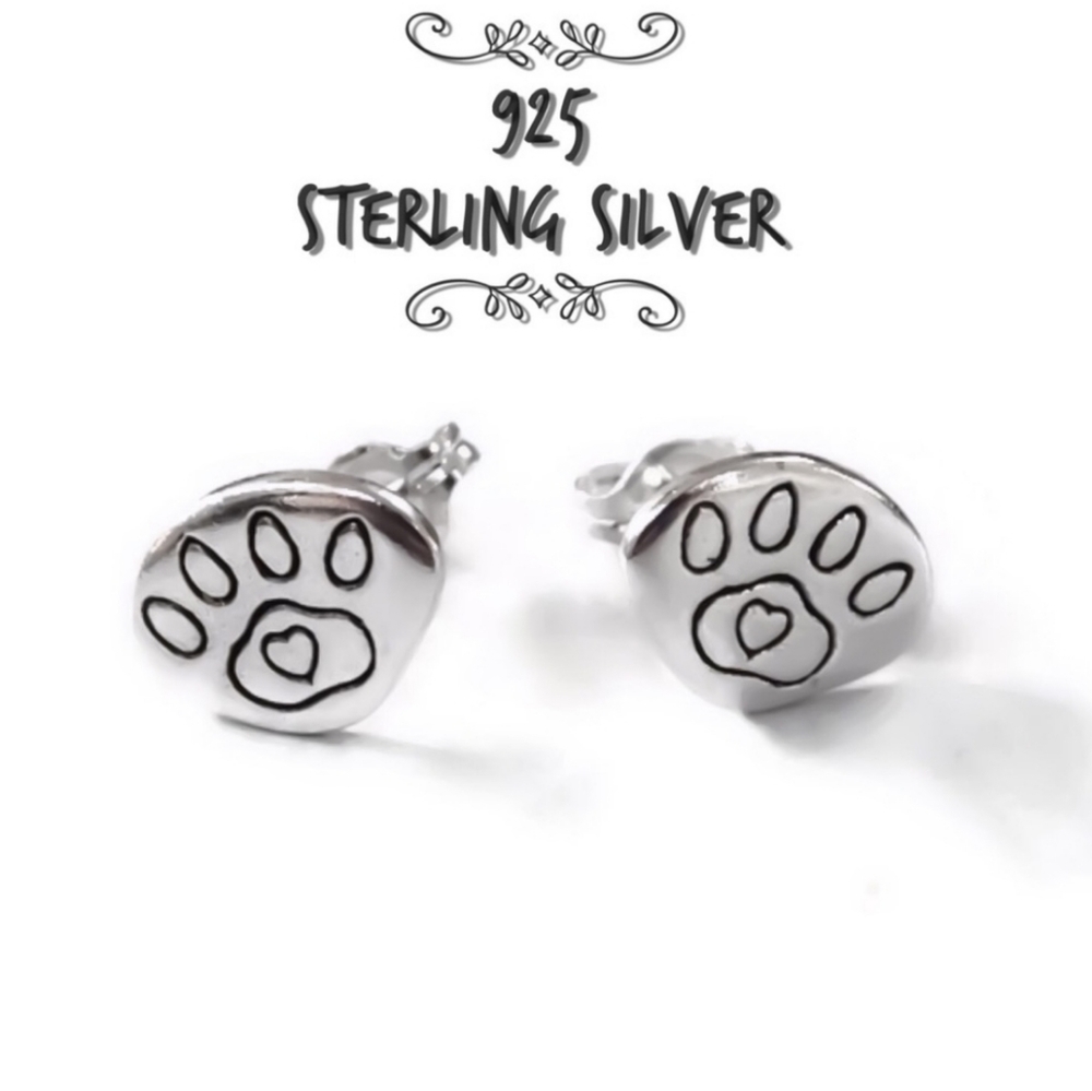 925 sterling silver pet lover paw print stamped/ engraved stud earrings
